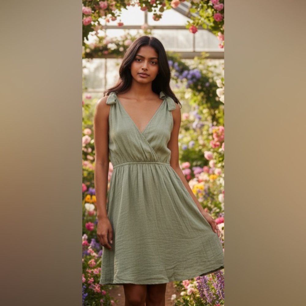 Casual Sage Green Linen 
Crinkle,baby doll dress
shoulder ties soft & breathable